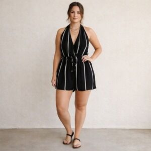 Volcom Coco Halter Romper XXL 14 Black Stripe NWT Wide Leg Shorts Vacatio Resort